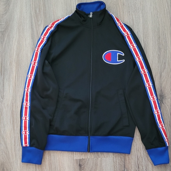Vintage Champion Black Track Jacket with Blue and Red Accents. SM - Picture 1 of 11